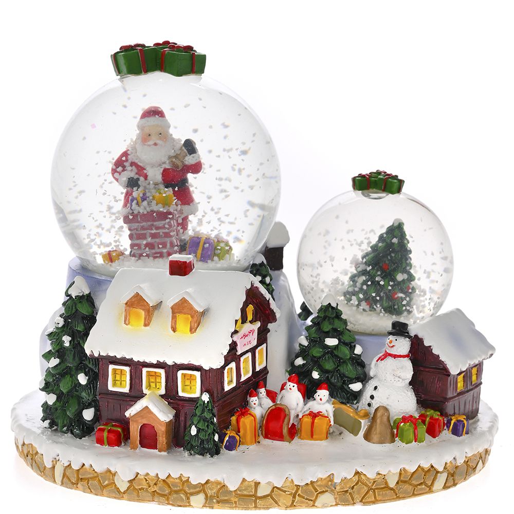 Decorazione di Natale in vendita Snowglobe doppio con Santa ed albero di Natale